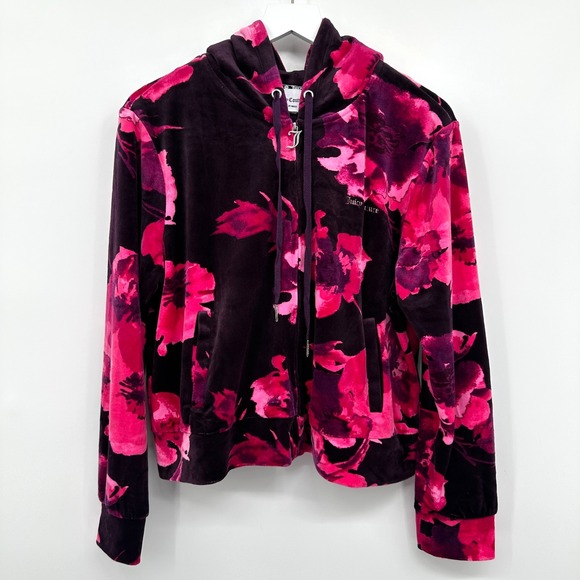 Juicy Couture Pants - Juicy Couture Velour Track Jacket Size XL Hooded Floral Coquette Streetwear Boho